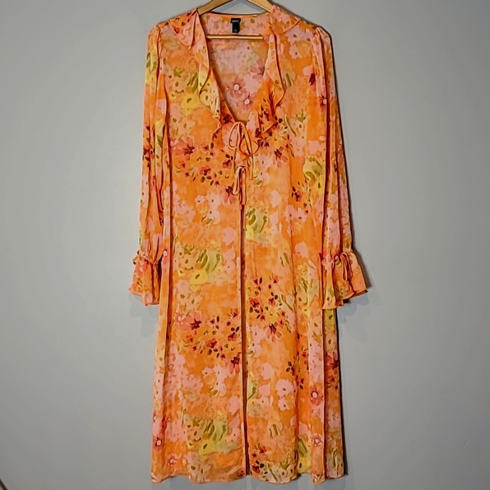 Wild Fable floral sheer coverup orange ruffled long beach Resort Boho Medium